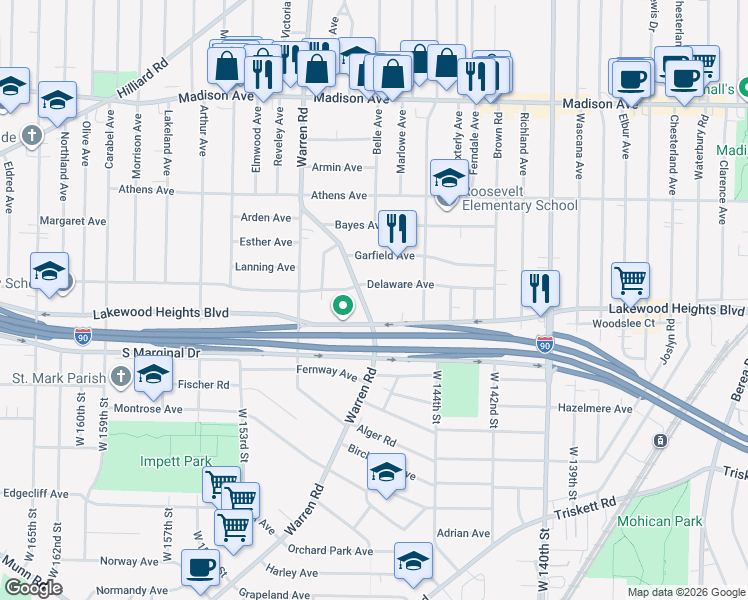 map of restaurants, bars, coffee shops, grocery stores, and more near 14740 Lakewood Heights Boulevard in Lakewood
