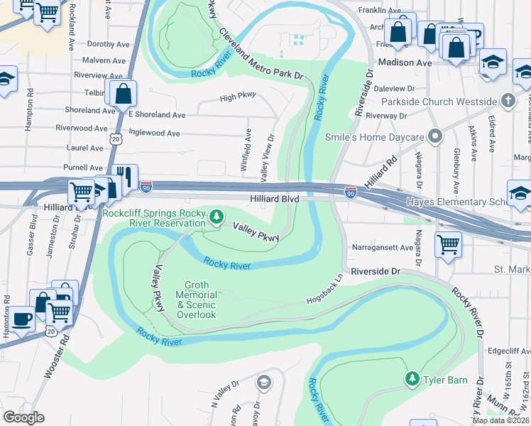 map of restaurants, bars, coffee shops, grocery stores, and more near 18501 Hilliard Boulevard in Rocky River
