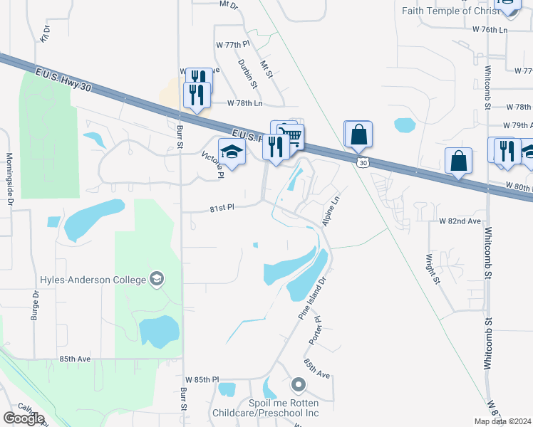 map of restaurants, bars, coffee shops, grocery stores, and more near 8145 Mount Court in Crown Point