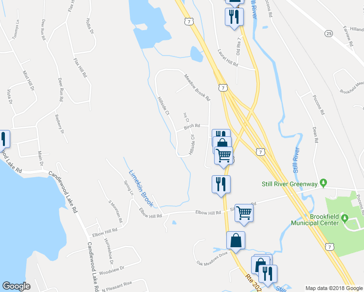 map of restaurants, bars, coffee shops, grocery stores, and more near 20 Hillside Circle in Brookfield