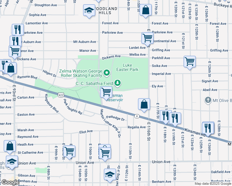 map of restaurants, bars, coffee shops, grocery stores, and more near 11055 Reservoir Place Drive in Cleveland