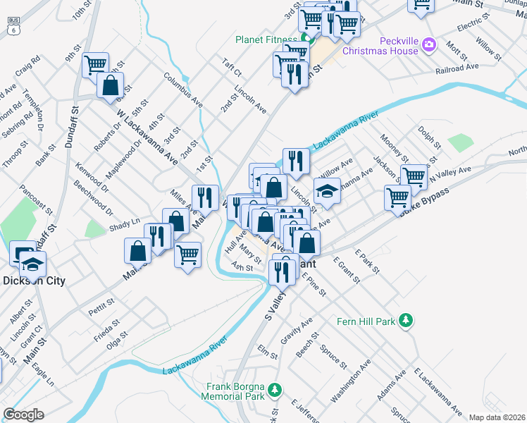 map of restaurants, bars, coffee shops, grocery stores, and more near 116 Willow Street in Dunmore