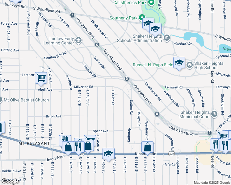 map of restaurants, bars, coffee shops, grocery stores, and more near 3272 East 147th Street in Cleveland