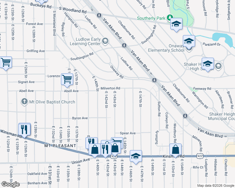 map of restaurants, bars, coffee shops, grocery stores, and more near 3277 East 143rd Street in Cleveland