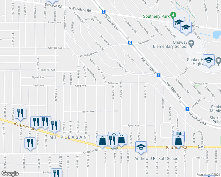 map of restaurants, bars, coffee shops, grocery stores, and more near 3271 East 142nd Street in Cleveland