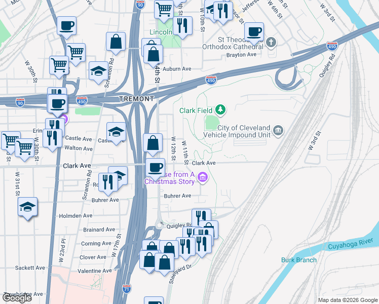 map of restaurants, bars, coffee shops, grocery stores, and more near 1012 Clark Avenue in Cleveland