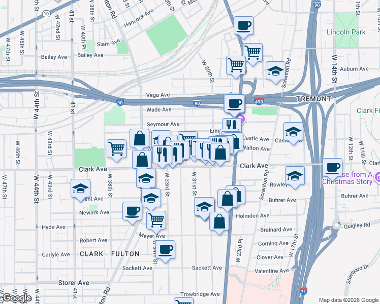 map of restaurants, bars, coffee shops, grocery stores, and more near 3114 Clark Avenue in Cleveland