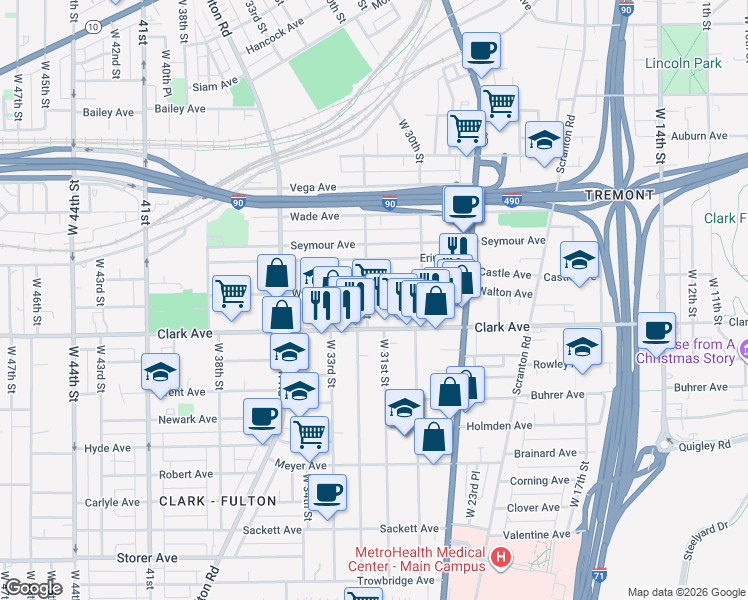 map of restaurants, bars, coffee shops, grocery stores, and more near 3114 Clark Avenue in Cleveland