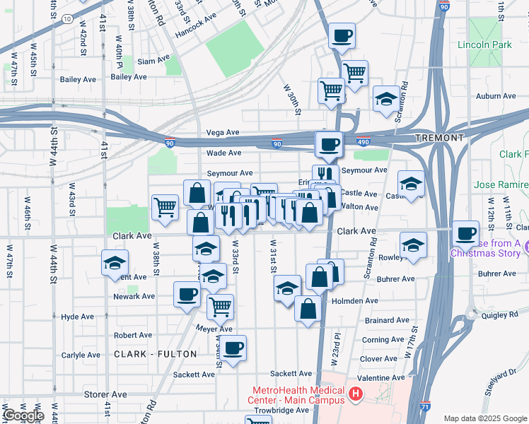 map of restaurants, bars, coffee shops, grocery stores, and more near 3114 Clark Avenue in Cleveland