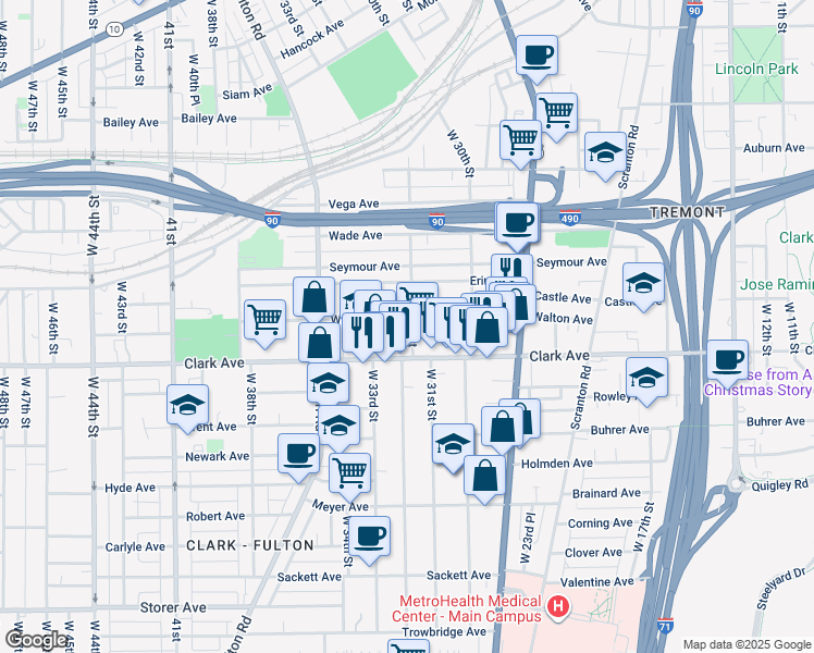map of restaurants, bars, coffee shops, grocery stores, and more near 3114 Clark Avenue in Cleveland