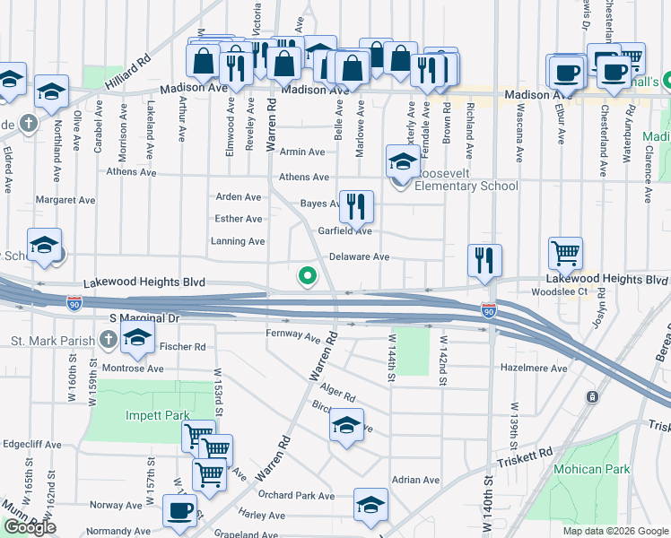 map of restaurants, bars, coffee shops, grocery stores, and more near 14740 Lakewood Heights Boulevard in Lakewood
