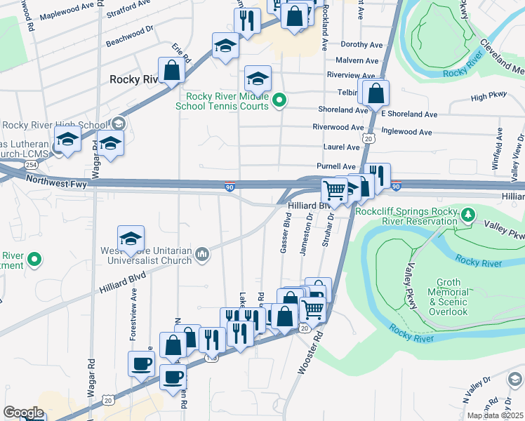 map of restaurants, bars, coffee shops, grocery stores, and more near 19779 Hilliard Boulevard in Rocky River