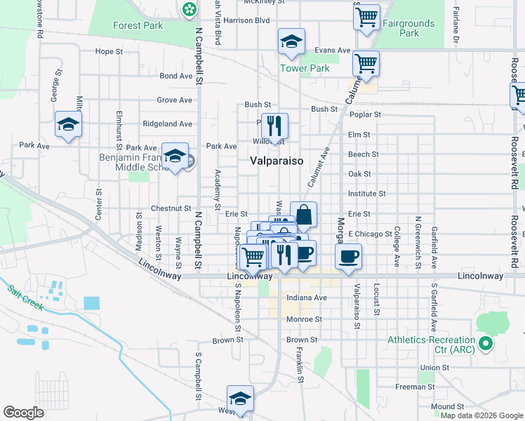 map of restaurants, bars, coffee shops, grocery stores, and more near 207 Washington Street in Valparaiso