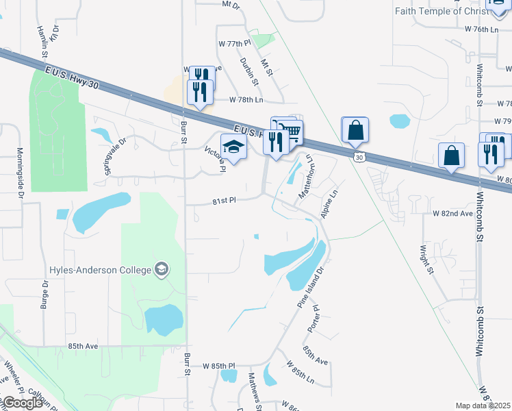 map of restaurants, bars, coffee shops, grocery stores, and more near 8167 Durbin Terrace in Crown Point