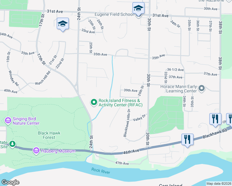 map of restaurants, bars, coffee shops, grocery stores, and more near 3916 28th Street in Rock Island