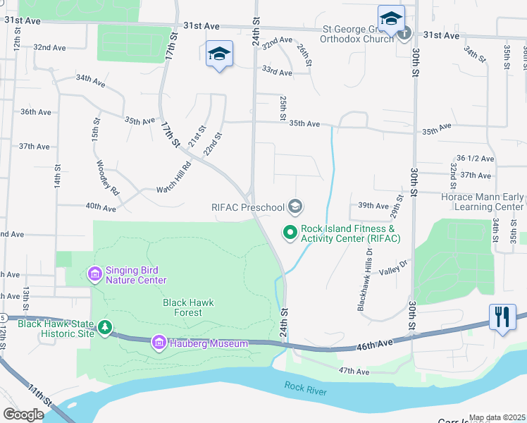 map of restaurants, bars, coffee shops, grocery stores, and more near 4005 24th Street in Rock Island