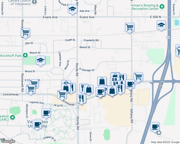 map of restaurants, bars, coffee shops, grocery stores, and more near 1 Mayfield Avenue in Valparaiso