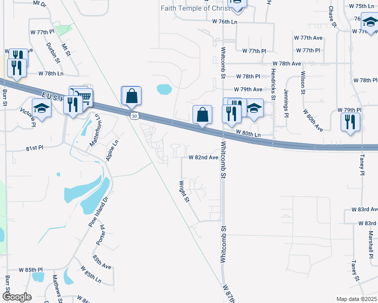map of restaurants, bars, coffee shops, grocery stores, and more near 4066 West 82nd Avenue in Merrillville