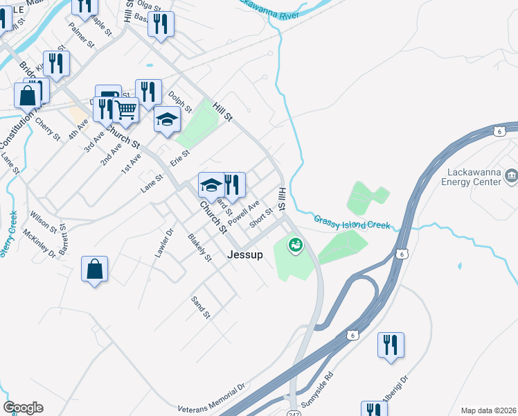 map of restaurants, bars, coffee shops, grocery stores, and more near 205 Short Street in Jessup