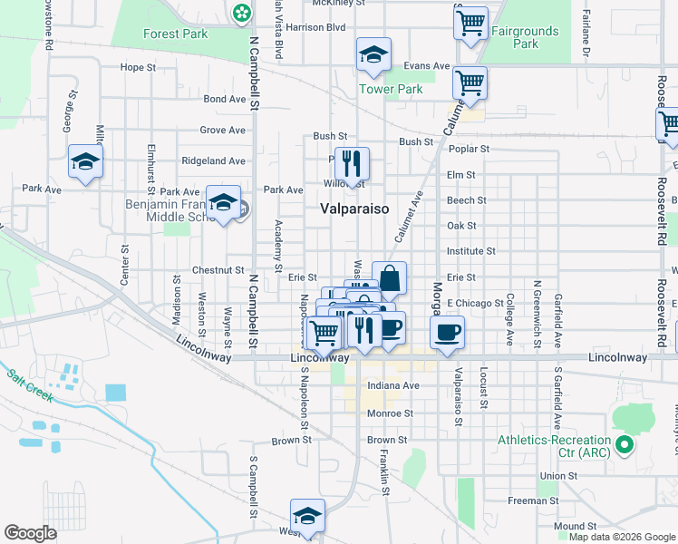 map of restaurants, bars, coffee shops, grocery stores, and more near 207 Washington Street in Valparaiso