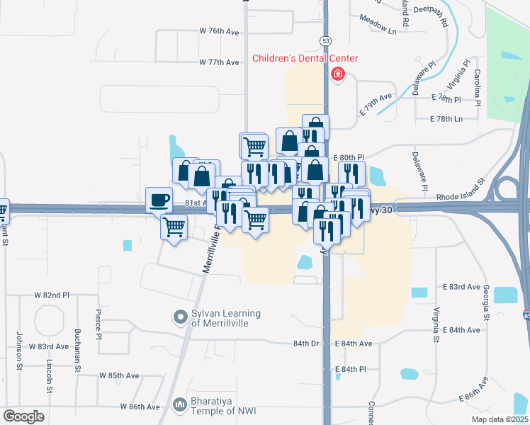 map of restaurants, bars, coffee shops, grocery stores, and more near 401 81st Avenue in Merrillville