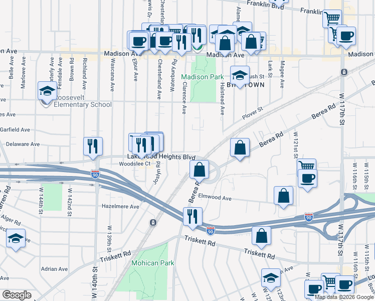 map of restaurants, bars, coffee shops, grocery stores, and more near 2219 Clarence Ave in Lakewood