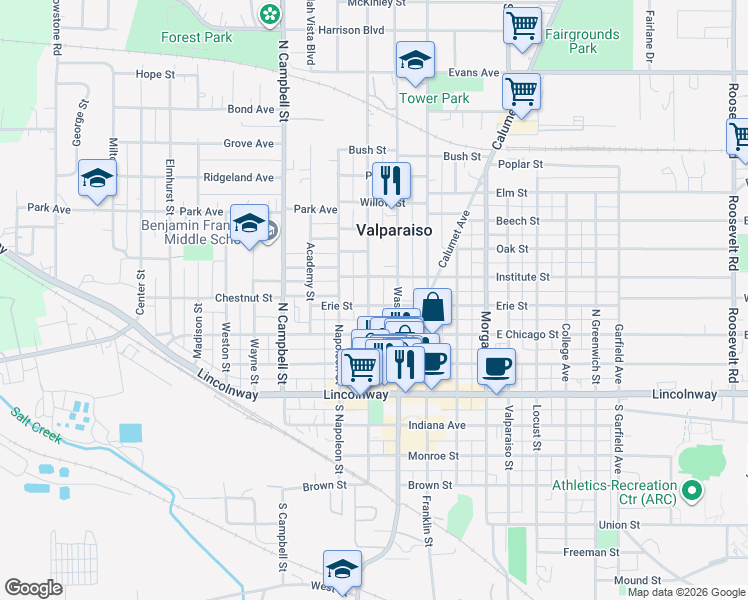 map of restaurants, bars, coffee shops, grocery stores, and more near 207 Washington Street in Valparaiso