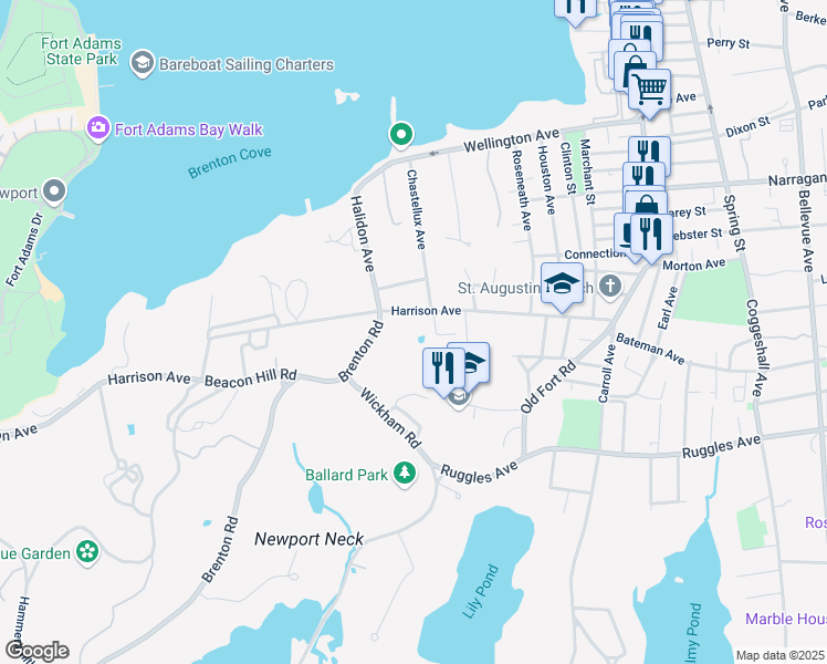 map of restaurants, bars, coffee shops, grocery stores, and more near 70 Harrison Avenue in Newport