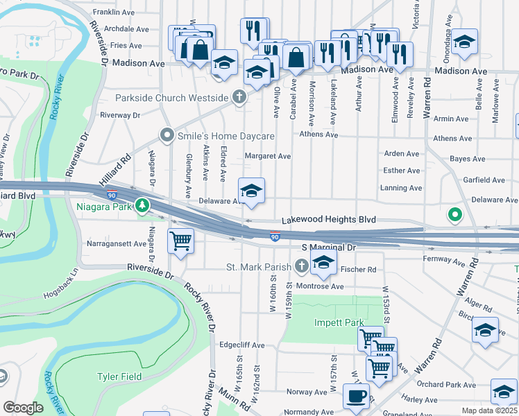 map of restaurants, bars, coffee shops, grocery stores, and more near 16401 Delaware Avenue in Lakewood