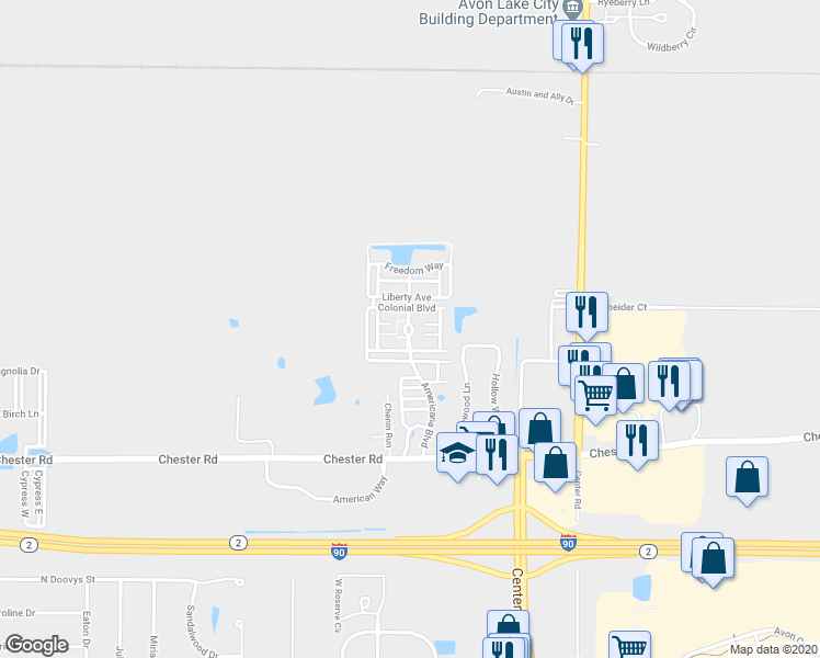 map of restaurants, bars, coffee shops, grocery stores, and more near 2301 Americana Boulevard in Avon