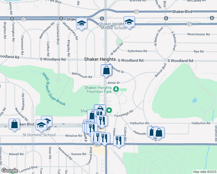 map of restaurants, bars, coffee shops, grocery stores, and more near 3261 Warrensville Center Road in Shaker Heights