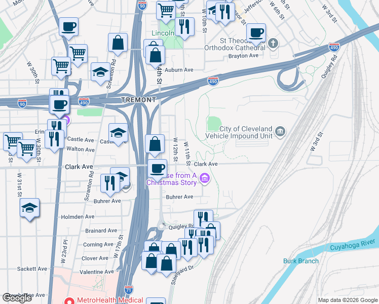 map of restaurants, bars, coffee shops, grocery stores, and more near 1012 Clark Avenue in Cleveland