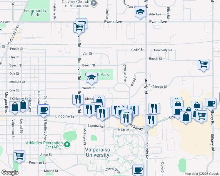 map of restaurants, bars, coffee shops, grocery stores, and more near 1302 Wood Street in Valparaiso