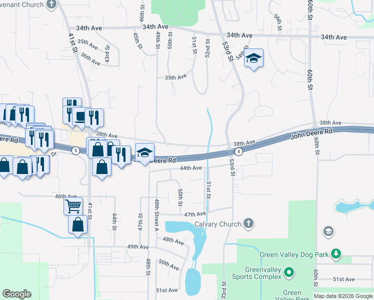 map of restaurants, bars, coffee shops, grocery stores, and more near 5000 38th Avenue in Moline