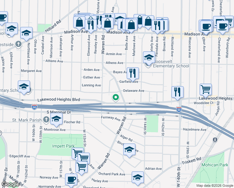 map of restaurants, bars, coffee shops, grocery stores, and more near 14740 Lakewood Heights Boulevard in Lakewood