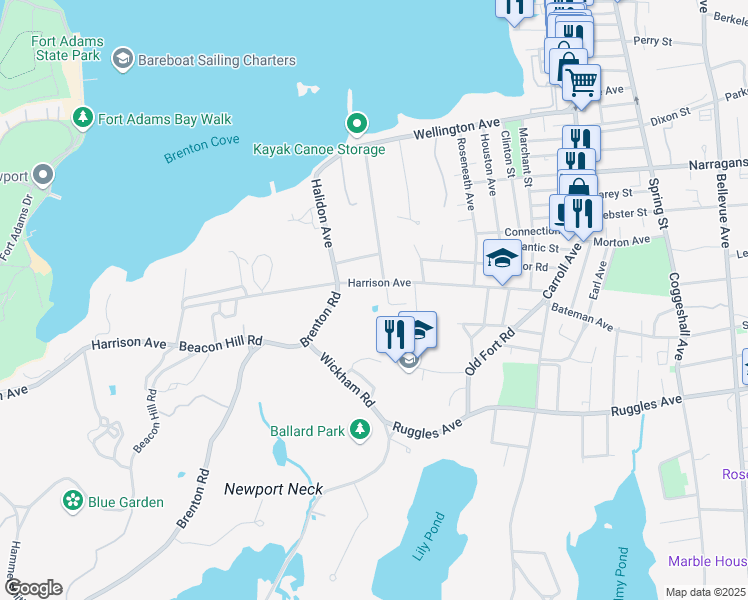 map of restaurants, bars, coffee shops, grocery stores, and more near 2 Harrison Lane in Newport