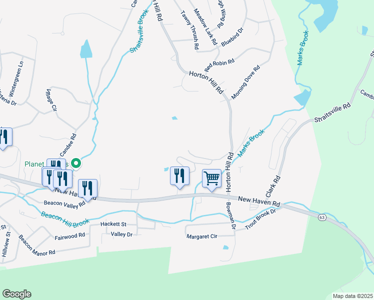 map of restaurants, bars, coffee shops, grocery stores, and more near 110 Barn Finch Court in Naugatuck