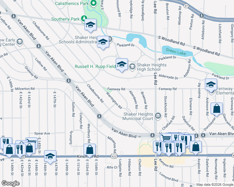 map of restaurants, bars, coffee shops, grocery stores, and more near 3272 Enderby Road in Shaker Heights