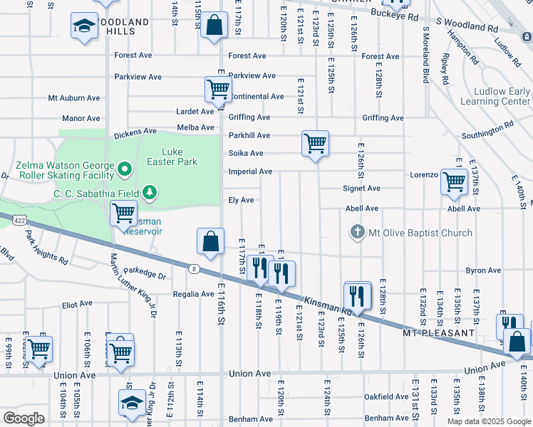 map of restaurants, bars, coffee shops, grocery stores, and more near 3241 East 118th Street in Cleveland