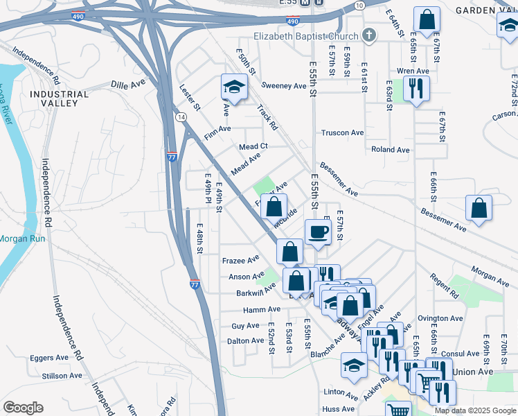 map of restaurants, bars, coffee shops, grocery stores, and more near 5100 Broadway Avenue in Cleveland