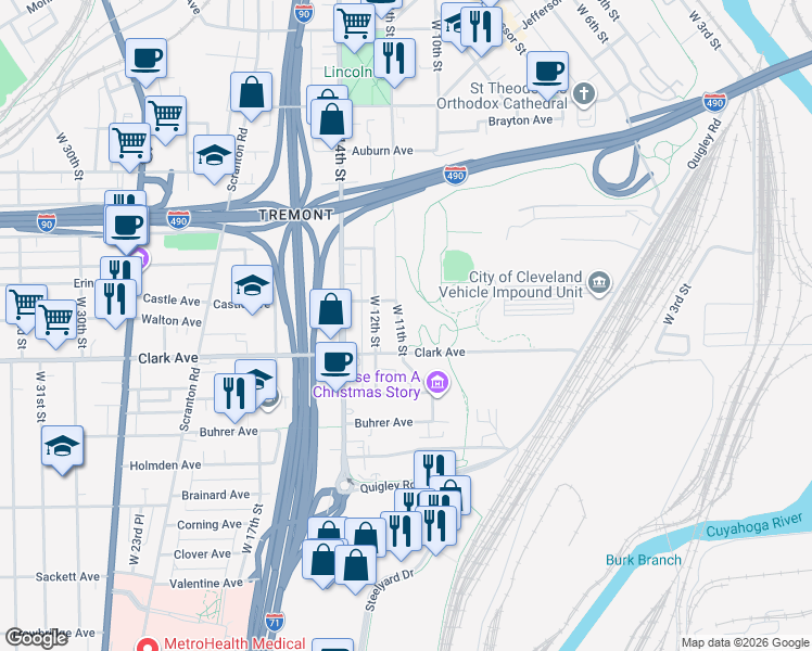 map of restaurants, bars, coffee shops, grocery stores, and more near 1012 Clark Avenue in Cleveland