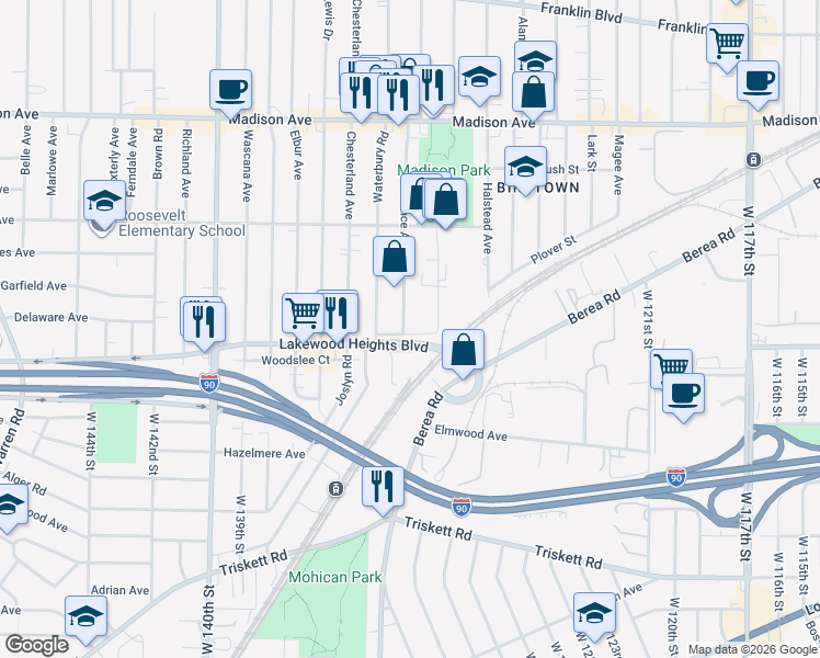 map of restaurants, bars, coffee shops, grocery stores, and more near 2219 Clarence Avenue in Lakewood