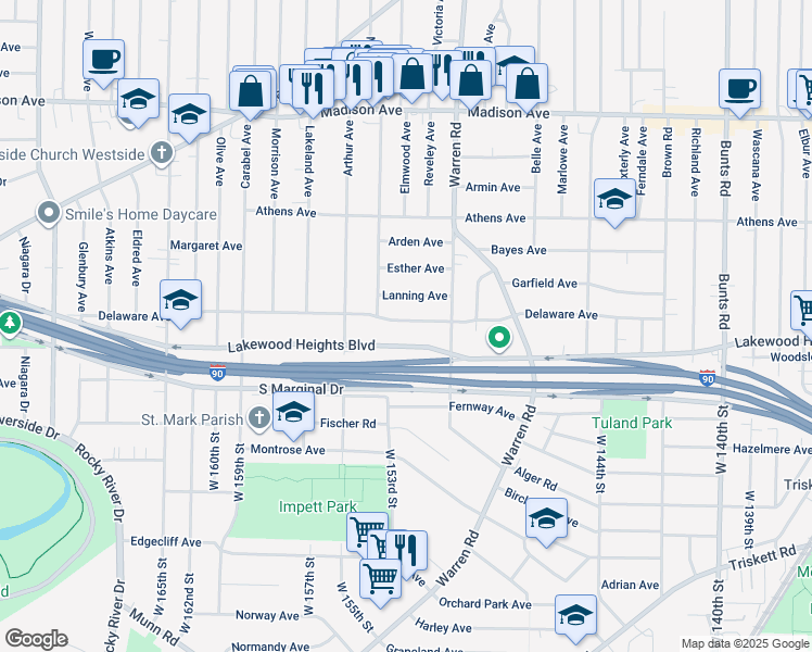 map of restaurants, bars, coffee shops, grocery stores, and more near 14950 Lakewood Heights Boulevard in Lakewood