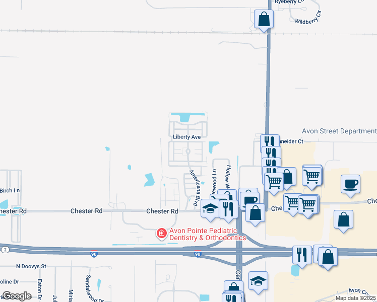 map of restaurants, bars, coffee shops, grocery stores, and more near 2301 Americana Boulevard in Avon