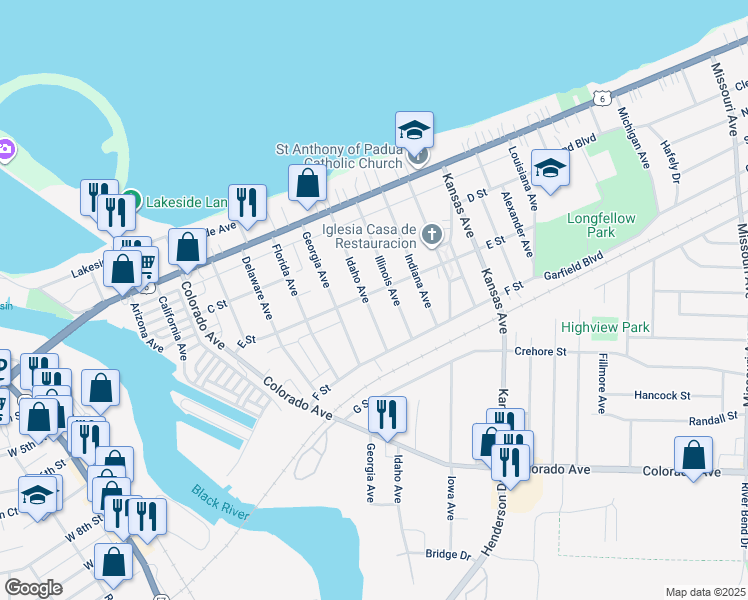 map of restaurants, bars, coffee shops, grocery stores, and more near 415 Idaho Avenue in Lorain