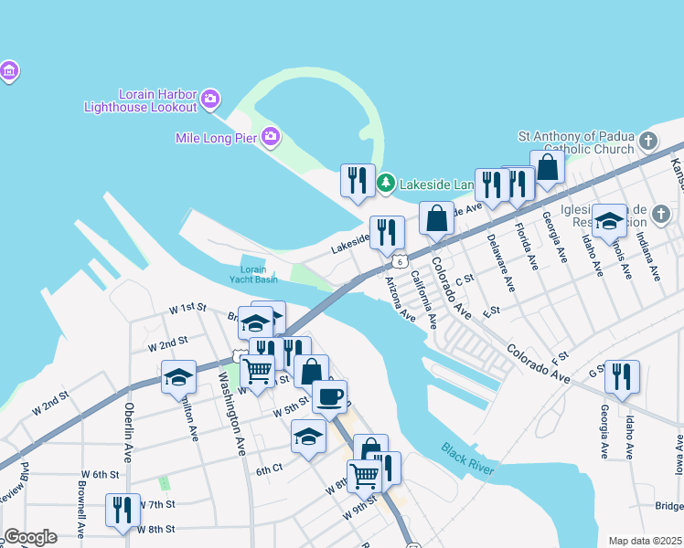 map of restaurants, bars, coffee shops, grocery stores, and more near 150 East Erie Avenue in Lorain