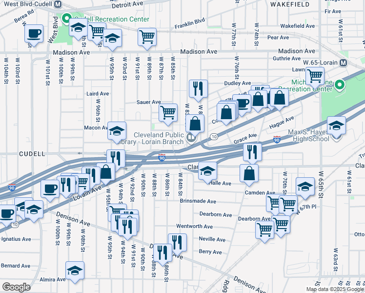 map of restaurants, bars, coffee shops, grocery stores, and more near 8300 Lorain Avenue in Cleveland