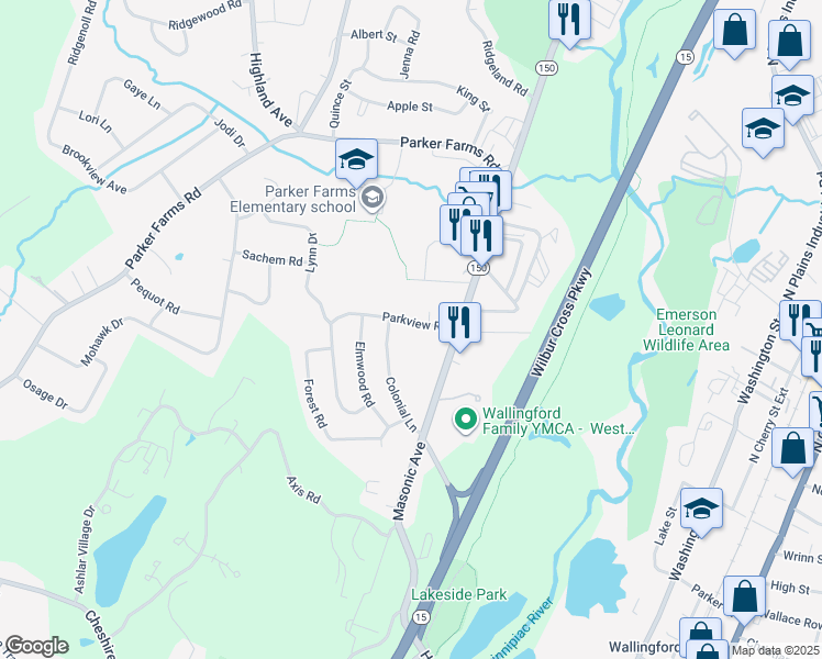 map of restaurants, bars, coffee shops, grocery stores, and more near 12 Parkview Road in Wallingford