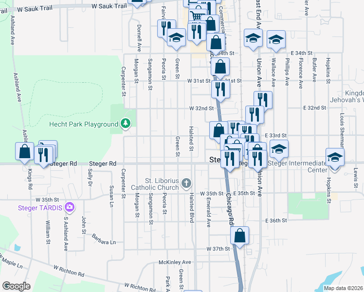 map of restaurants, bars, coffee shops, grocery stores, and more near 3328 Green Street in Steger