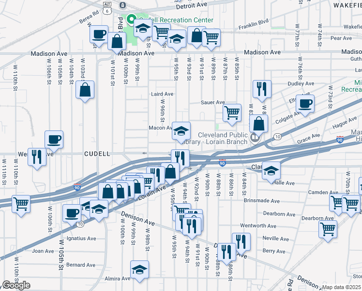 map of restaurants, bars, coffee shops, grocery stores, and more near 9401 Willard Avenue in Cleveland